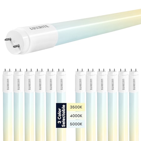 Luxrite 4FT T8 LED Tube Light Bulbs 13W 32W Equivalent 1950LM 3CCT 3500K-5000K Universal, 12PK LR34237-12PK